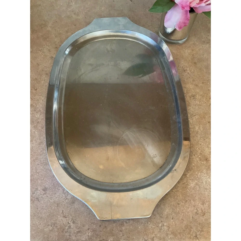 Vintage Oval Stainless Steel Serving Platter Tray with Handles 19.5 Inch MCM